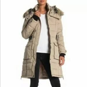 French Connection Faux Fur Trim Belted Hoodie Puffer Jacket, Khaki, Medium